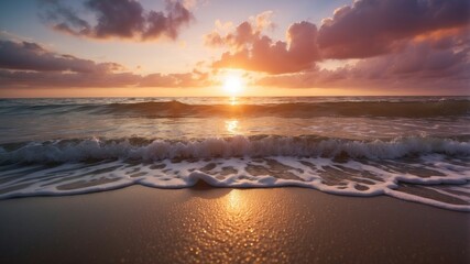 Obraz premium Serene sunset beach with gentle waves lapping