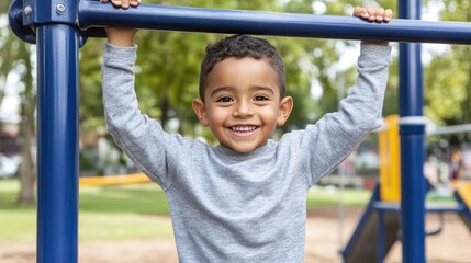 Obraz premium A joyful Hispanic boy hangs from the monkey bars in a playground, smiling brightly as he plays. The vibrant outdoor setting adds to the fun and excitement of his day