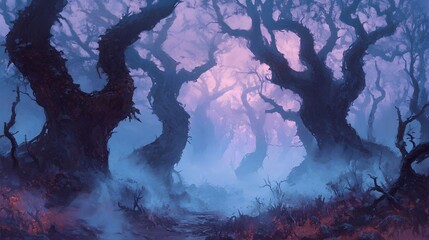 Fototapeta premium A mystical forest path winds through a dense grove of trees shrouded in fog.