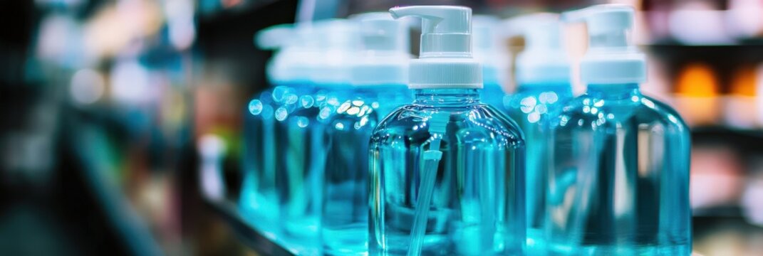 Hand Sanitizer Bottles. Corona Virus Outbreak - Blue Design with Hand Sanitizing Supplies Shortage