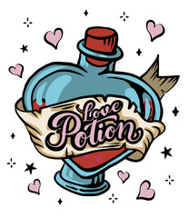 love potion t-shirt design, hand drawn lettering with creepy vibes isolated on white background, calligraphy graphic design typography element, handwritten vector sign
