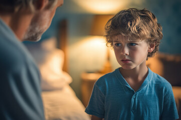 Fototapeta premium Young boy with a serious expression is listening to his father in a bedroom
