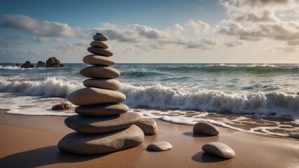 Stack of stones balanced by ocean waves and coastline
