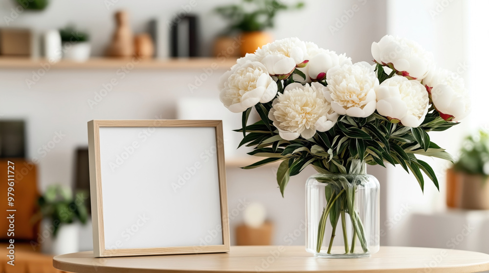 Sticker Minimalistic interior featuring a small wooden table with a glass vase of white peonies and a blank wooden picture frame in a cozy, blurred background setting.