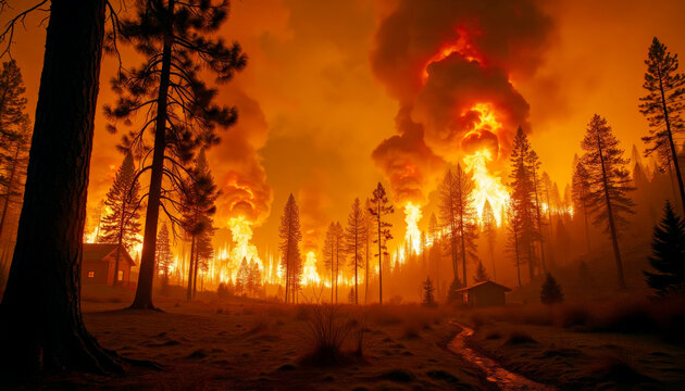 Les arbres flambent sous la chaleur insoutenable d'un incendie incontr&ocirc;lable. Une fum&eacute;e lourde s'&eacute;l&egrave;ve, transformant la for&ecirc;t en un paysage de cauchemar.