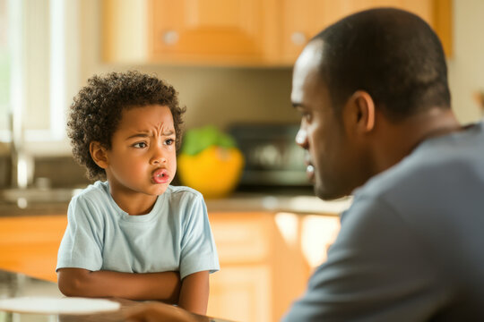 Little boy making a funny face while having a disagreement with his father in their kitchen