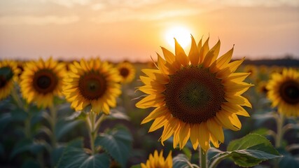 Sunflower field at sunset with vibrant close-up