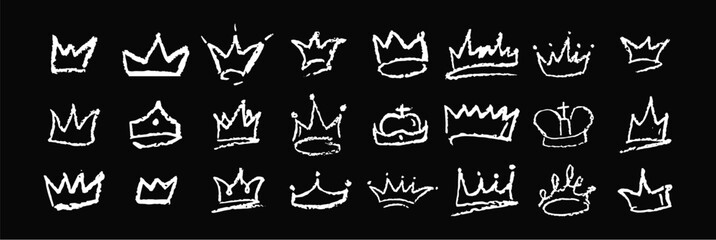 Set of doodle crowns drawn by wax pencil. White chalk royal headwear in graffiti style. Vector illustration. Collection of hand drawn luxury doodle kid elements for rock or hip hop music poster design