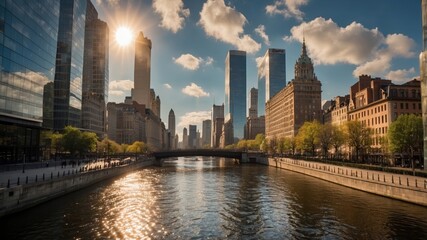 Fototapeta premium Sunset over river framed by skyscrapers and historic buildings