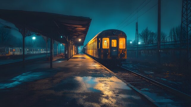 A yellow train sits at a deserted station platform at night.