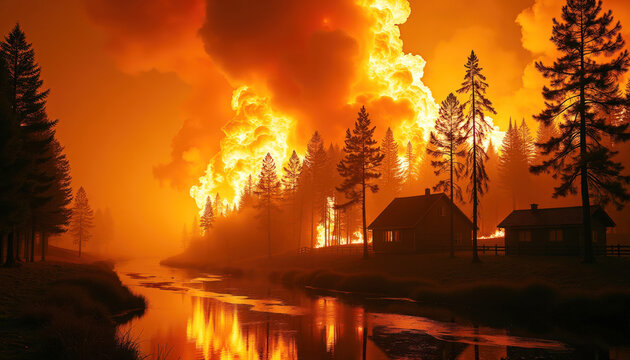 Un incendie d&eacute;vorant ravage la for&ecirc;t, les flammes gigantesques l&egrave;chent les cimes des arbres tandis qu'une fum&eacute;e &eacute;paisse obscurcit le ciel.