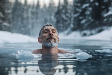 Man with gray beard swims in a frozen lake