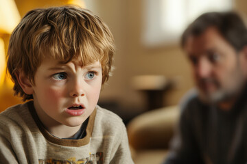 Little boy making a face and looking concerned while father is talking to him