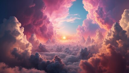 Surreal panoramic cloudscape with vibrant pink and purple