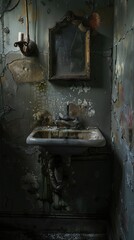 A dilapidated bathroom sink with a cracked mirror and peeling paint on the walls.