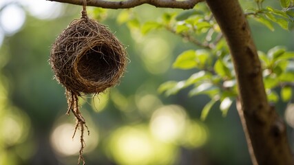 Teardrop shaped bird nest hanging from tree branch