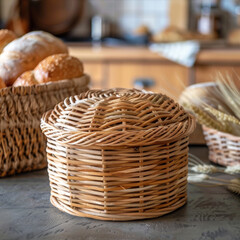Handmade paper vine weaving technique creates this beautiful basket, perfect for storing bread and other items. Its intricate design adds rustic charm to any kitchen