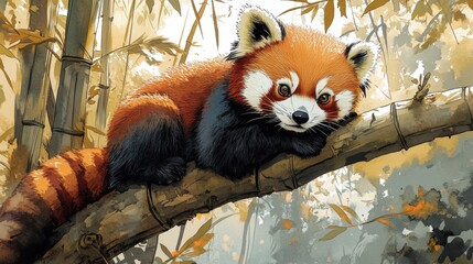 A cute red panda resting on a branch amidst bamboo, surrounded by vibrant autumn foliage, capturing the essence of wildlife.