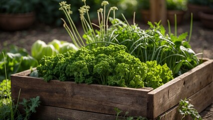 Thriving vegetable garden in rustic wooden planter box