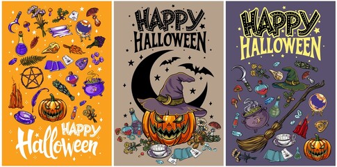 Halloween greeting cards set. Celebration party invitations or poster designs.