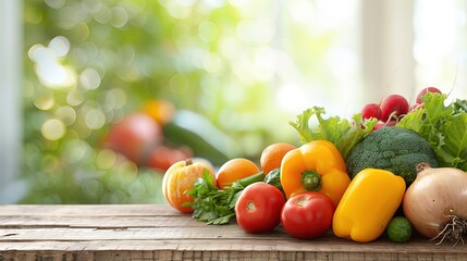 Close-up of vibrant fresh fruits and vegetables arranged in a balanced layout on a wooden table, symbolizing healthy gut nutrition and natural wellness.