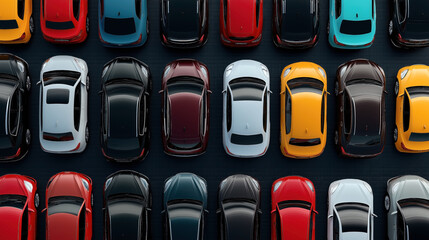 Aerial view of a parking lot filled with assorted modern cars in various colors including red, blue, yellow, and black, neatly arranged in rows.