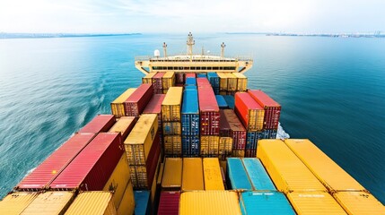A massive cargo ship filled with colorful containers, navigating through the open ocean under a clear blue sky