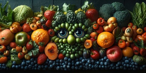 A vibrant cityscape where fresh produce is full of life with charming traits and animated faces