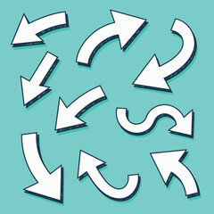 Various white arrows of different shapes on a teal background, pointing in multiple directions.
