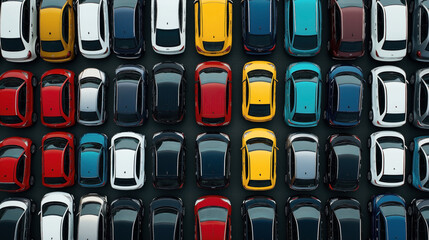 An aerial view of a parking lot filled with various colored cars arranged in neat rows.