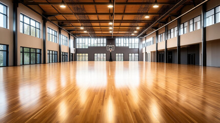 Large indoor basketball court with polished wooden floors and high ceilings, featuring a single basketball hoop, multiple windows providing natural light, and industrial lighting.