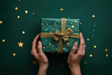 Gift wrapped in green paper with golden ribbon and stars