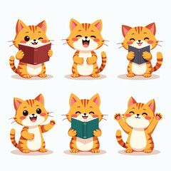 Fototapeta premium Adorable cartoon orange tabby cat reading a book, expressing various emotions and gestures.
