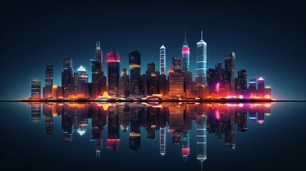 Dynamic neon cityscape skyline with vibrant night lights reflecting on the horizon in a modern urban design new beautiful stock image illustration AI