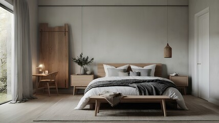 A clean and airy Scandinavian bedroom featuring minimalist decor, soft tones, and modern design with natural elements for a peaceful living space.