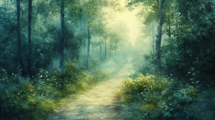 Obraz premium A serene forest path illuminated by soft morning light, surrounded by lush greenery and vibrant wildflowers, inviting exploration.