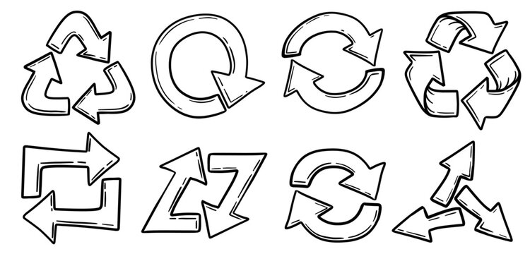 Refresh cycle arrows hand drawn. Sync repeat and reload circle and triangle arrow doodle. Vector illustration