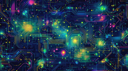 A vibrant and intricate seamless pattern featuring holographic circuitry, showcasing blend of neon colors and glowing elements that evoke sense of advanced technology and innovation