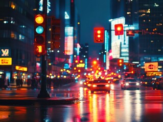 Obraz premium A traffic light at a busy city intersection at night, with bright neon signs illuminating the area