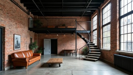 Generative AI, a room with a couch, a table, and a staircase in it with windows and a door leading to another room, archdaily, a flemish Baroque, light and space