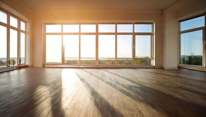 Fototapeta premium empty room sunlight streaming large windows