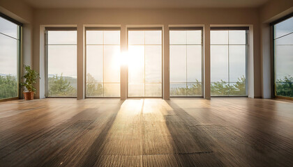 Obraz premium empty room sunlight streaming large windows