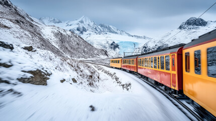 A red and yellow train traveling through a snowy mountainous landscape with snow-covered peaks and a glacier in the background.