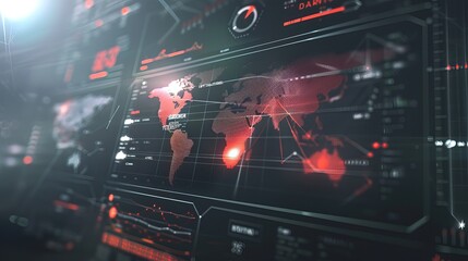 Futuristic digital interface with real-time crime prediction data, map highlighting high-risk areas and crime trends, clean dark background emphasizing advanced technology.