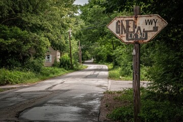 A weathered one-way sign in a small town, directing traffic down a quiet, tree-lined street