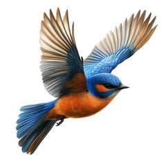 A stunning bluebird gracefully soaring through a clear sky during a bright summer afternoon