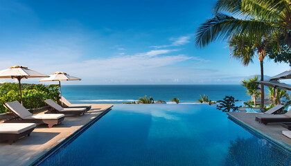 Fototapeta premium luxurious infinity pool overlooking tropical ocean sun loungers palm trees