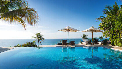 Obraz premium luxurious infinity pool overlooking tropical ocean sun loungers palm trees