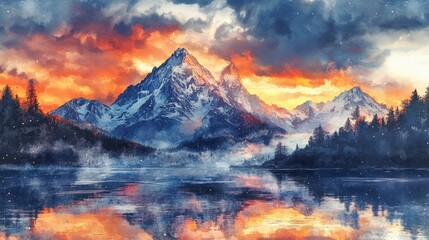 Obraz premium A stunning mountain landscape at sunset, featuring vibrant clouds reflecting in a serene lake, perfect for nature lovers.