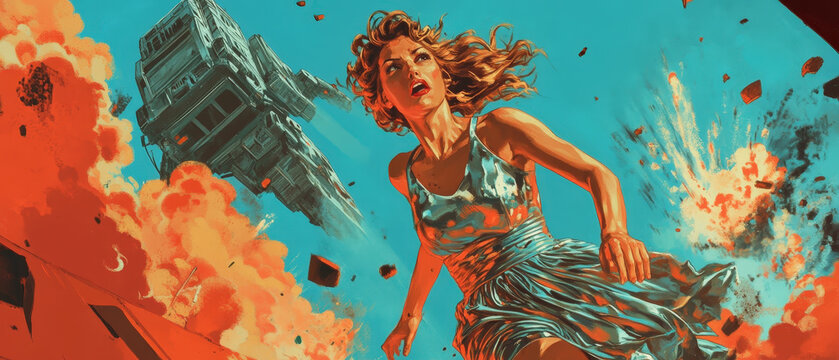 Escape from the Robotic Chaos - A Pulp Sci-Fi Adventure Cover Featuring a Futuristic Woman Outrunning a Giant Android in a Vibrant, Dystopian Cityscape